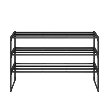 JOYFURNOS Zwart 3-laags metalen schoenenrek – Smal & stapelbaar, 30 x 92 x 55 cm, Voor 16–20 paar – Ruimtebesparende organizer voor hal, kast of woonkamer