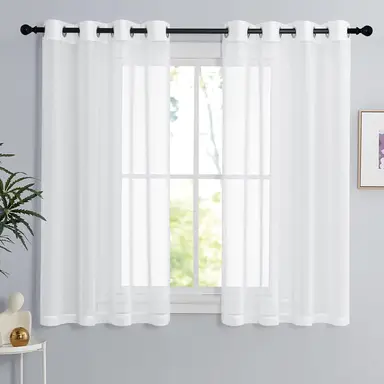 PONY DANCE doorschijnende gordijnen in linnenlook met ringen, 2 panelen, B140 x L120 cm (B55 x L47 inch), wit