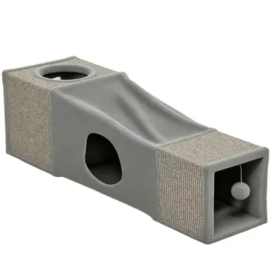 PawHut Tunnel pour chat intérieur, jouets pour chats, tunnel de jeu avec balle suspendue pour chats avec 2 niches, entrées multiples, en sisal, gris