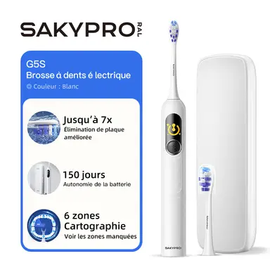 SAKYPRORAL G5S Brosse à dents électrique intelligente avec écran, minuterie et étui de rangement - Blanc