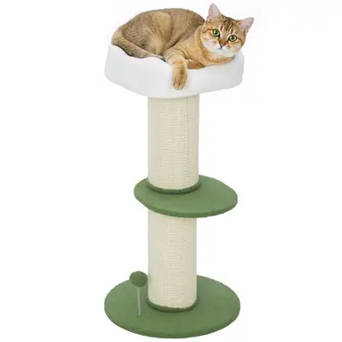 PawHut Arbre à chat à fleurs à 3 niveaux hauteur 92 cm, tonneau à gratter pour chats avec poteau ultra-épais, plateforme et balle, poteau en sisal, pour animal 6 kg, vert et blanc