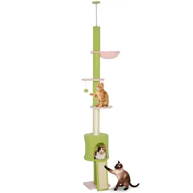 PawHut Arbre à chat du sol au plafond, 5 niveaux, hauteur réglable 220-240 cm, plateformes fleur avec niche, hamac, rampe et jeu balle suspendue, centre d'activités pour chatons d'intérieur, vert
