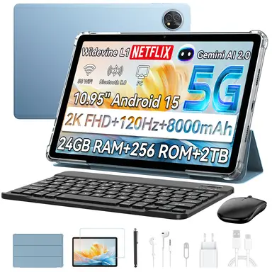 Blackview Zeno 10 Tablette - 11 pouces FHD, 5G, Android 15, Gemini IA, 24 Go RAM + 256 Go ROM, clavier et stylet - Bleu