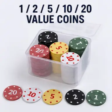 Pokerchips, set met opbergdoosje, pokerchips met aanduidingen (100 stuks)