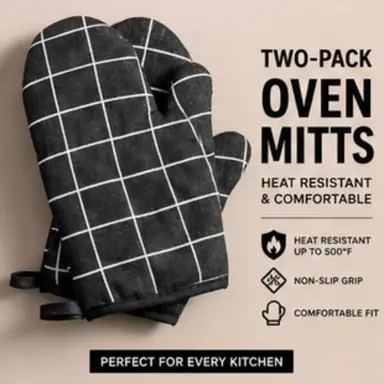 WhereHike 2 stuks ovenwanten, warmte-isolerende huishoudelijke handschoenen, katoenen binnenvoering, herbruikbaar, geschikt voor koken, bakken en barbecuen, zwart grid
