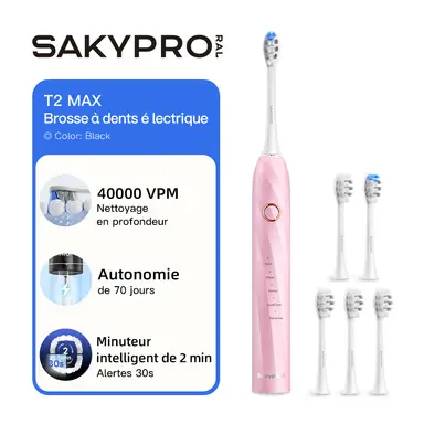 SAKYPRORAL T2 MAX Brosse à dents électrique intelligente avec 6 têtes de brosse et étui de voyage - Rose