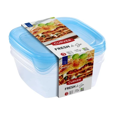 Curver Fresh & Go vershouddozen met deksel - 3 x 0,8 liter - 3 stuks - transparant/blauw - premium opbergoplossing, duurzaam kunststof, moderne huisorganisatie