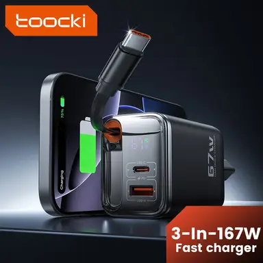 Toocki Chargeur rétractable 3-en-1 67 W ultra rapide USB-C avec câble type-C et 2 ports USB