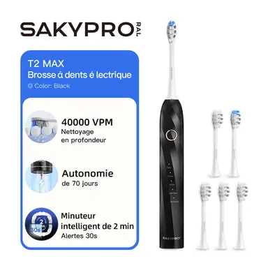 SAKYPRORAL T2 MAX Brosse à dents électrique intelligente avec 6 têtes de brosse et étui de voyage - Noir
