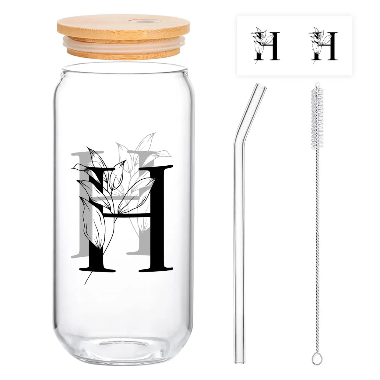 Alphynix 1pc Modern Glass Cup, 500ml Tall Iced Coffee Glass with Monogram "H" Design, Bamboo Lid & Straw, Cold Drink Tumbler for Iced Tea, Juice, Boba image 0