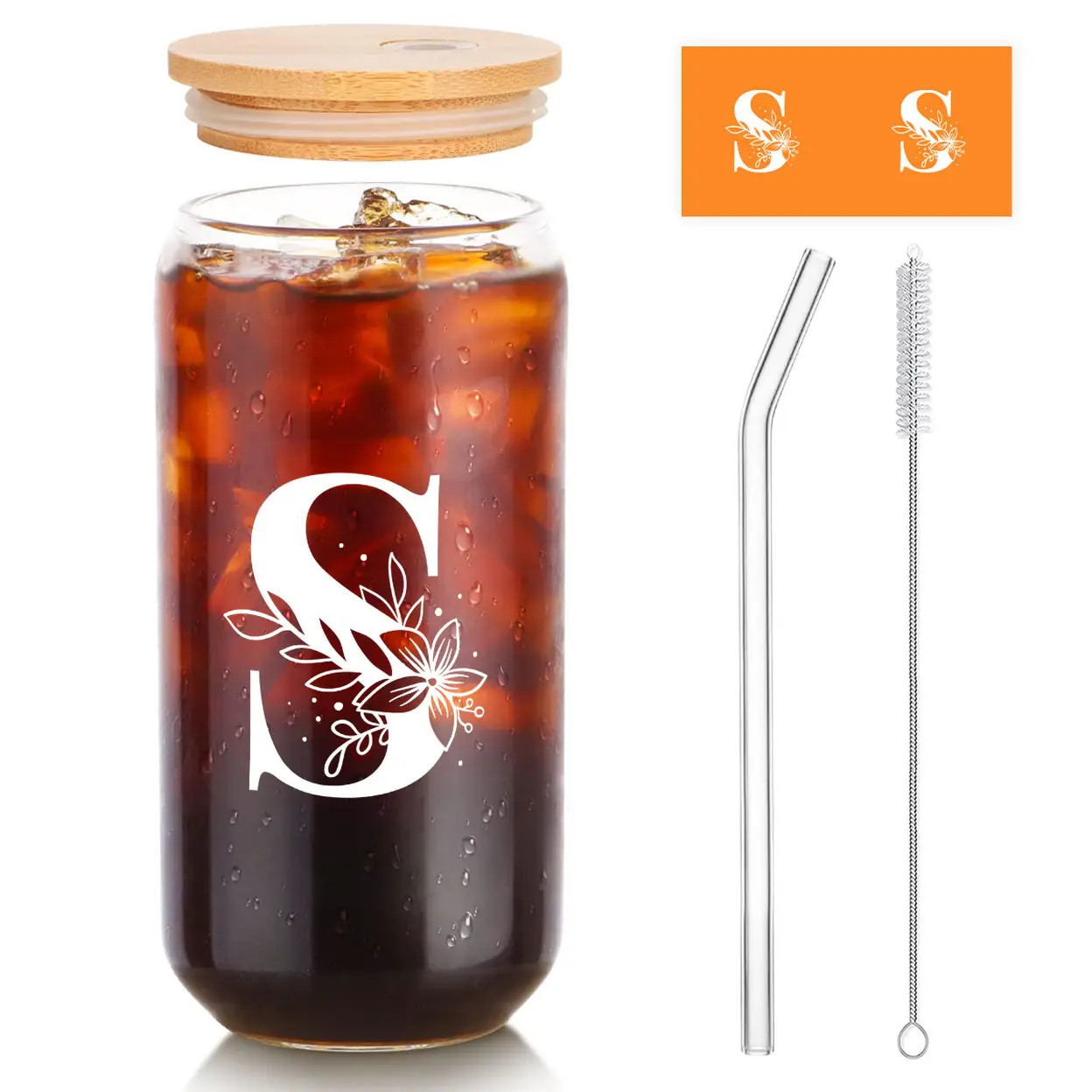 Alphynix 1pc Modern Glass Cup, 500ml Tall Iced Coffee Glass with Monogram "S" Design, Bamboo Lid & Straw, Cold Drink Tumbler for Iced Tea, Juice, Boba image 0