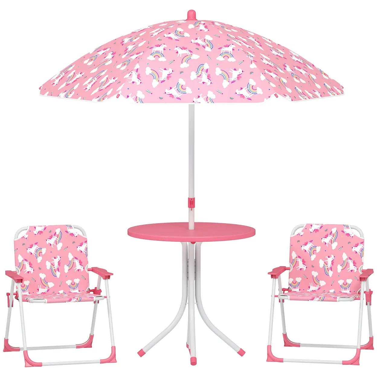 AIYAPLAY Kids Patio Table and Chair Set, Kids Garden Furniture with 2 Folding Chairs and Removable Umbrella, Unicorn Theme Portable 4-Piece Bistro Set for Garden, Pink image 0