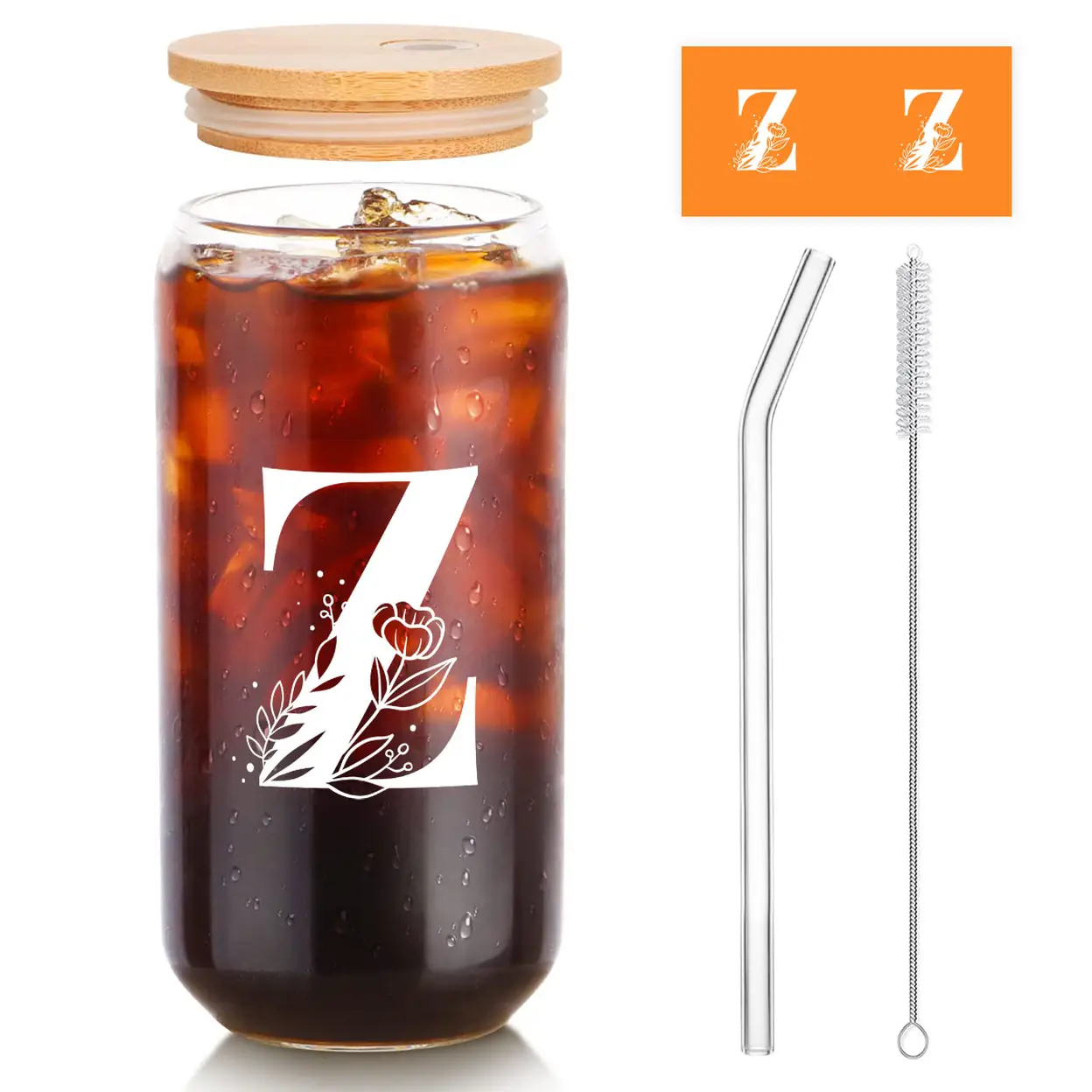 Alphynix 1pc Modern Glass Cup, 500ml Tall Iced Coffee Glass with Monogram "Z" Design, Bamboo Lid & Straw, Cold Drink Tumbler for Iced Tea, Juice, Boba image 0