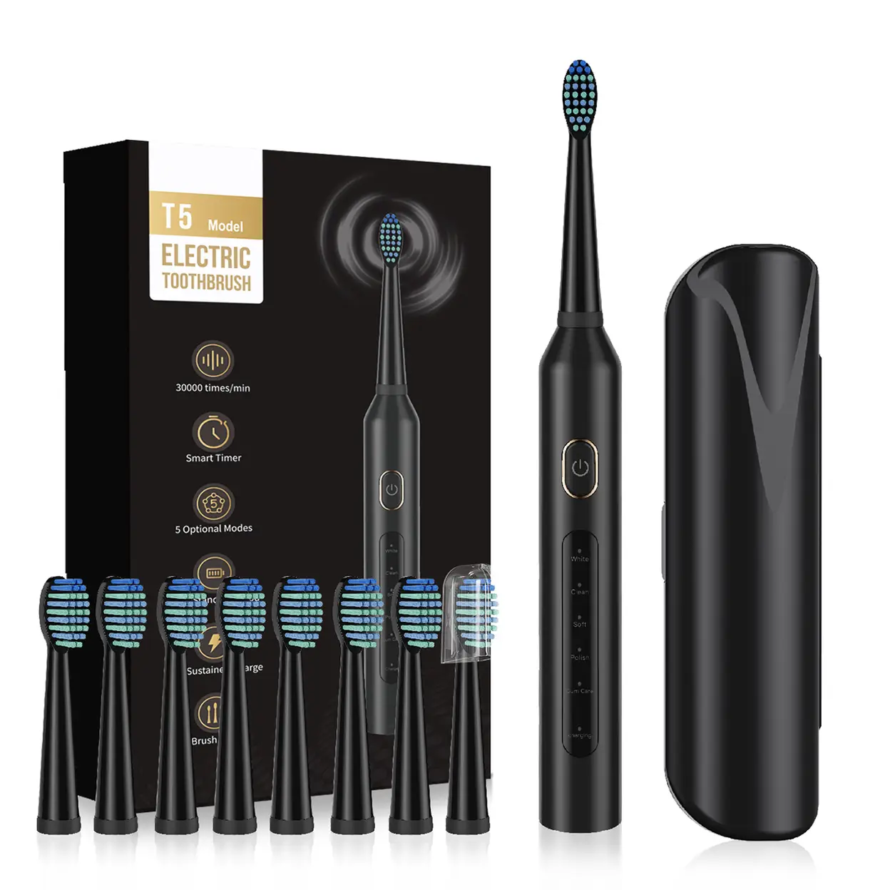 Sunluxy Sonic Electric Toothbrush – 5 Cleaning Modes, 40,000 VPM, 60-Day Battery Life, Rechargeable Travel Electric Toothbrush, Includes 8 Brush Heads, Smart Timer, T5 Black image 0
