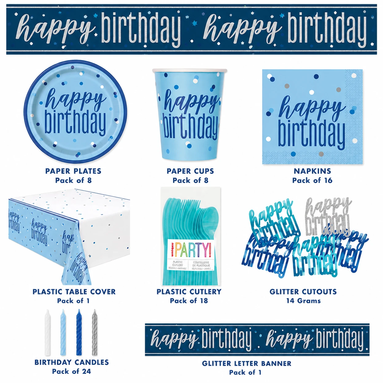 Blue Birthday Party Tableware & Decoration Bundle - 9 Pc - Tablecover, Paper Plates, Paper Cups, Cutlery, Napkins, Banner, Balloons, Candles, Confetti image 0
