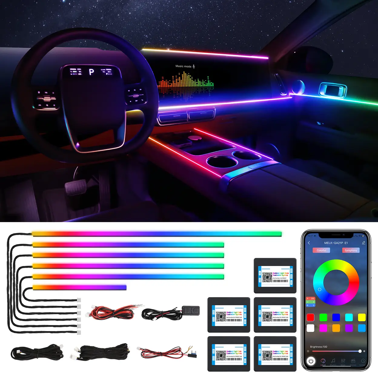 Dreamcolor Bandes LED pour intérieur de voiture en acrylique RGB avec contrôle via application, 6-en-1, 175 pouce et 600 LED image 0