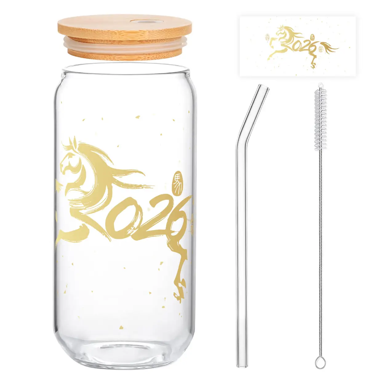 Alphynix 1pc 2026 Year of the Horse Glass Tumbler, 500ml Clear Cup with Golden "馬" Character and 2026 Date Mark, Handcrafted Brewing Theme Design, Includes Bamboo Lid & Glass Straw, Chinese New Year Gift image 0