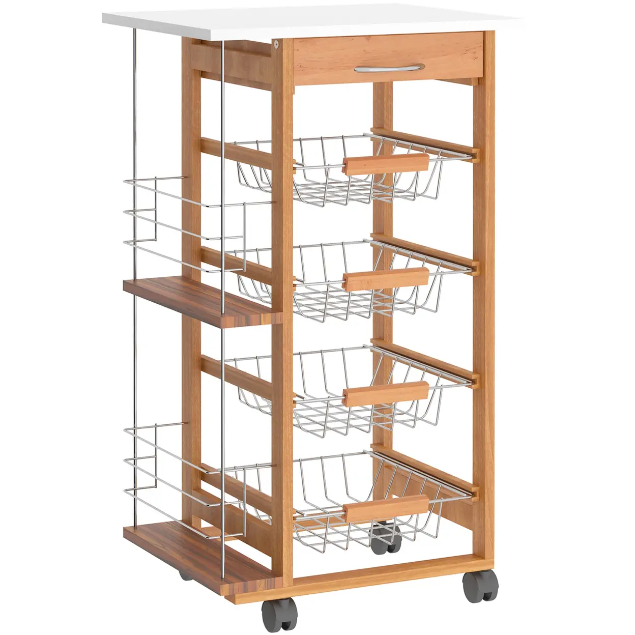 HOMCOM Rolling Kitchen Cart, Utility Storage Cart with 4 Basket Drawers & Side Racks, Wheels for Dining Room Brown image 0