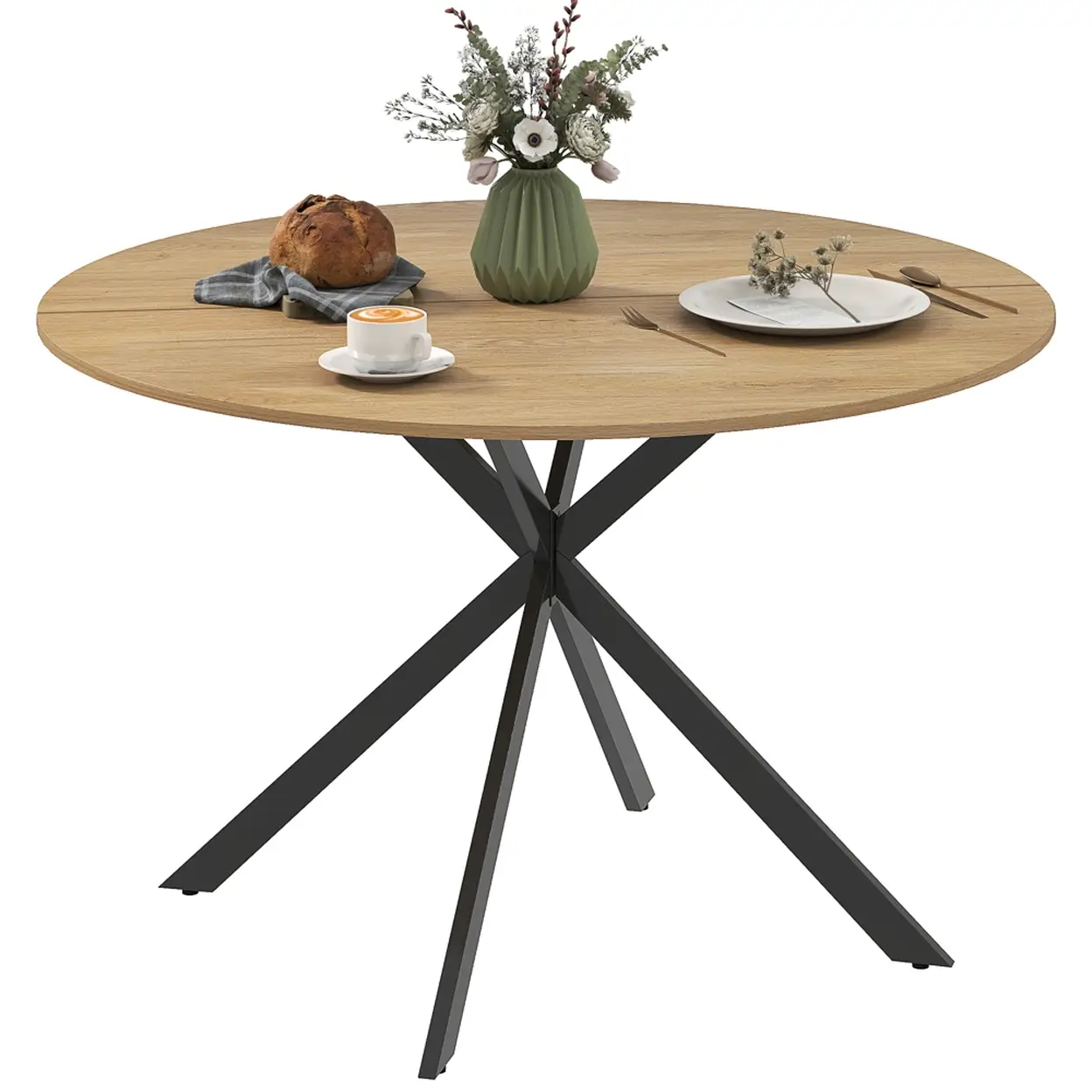 HOMCOM Table à manger ronde pour 4 personnes table de cuisine 120 cm style industriel avec plateau aspect bois et piètement croisé en acier, chêne image 0