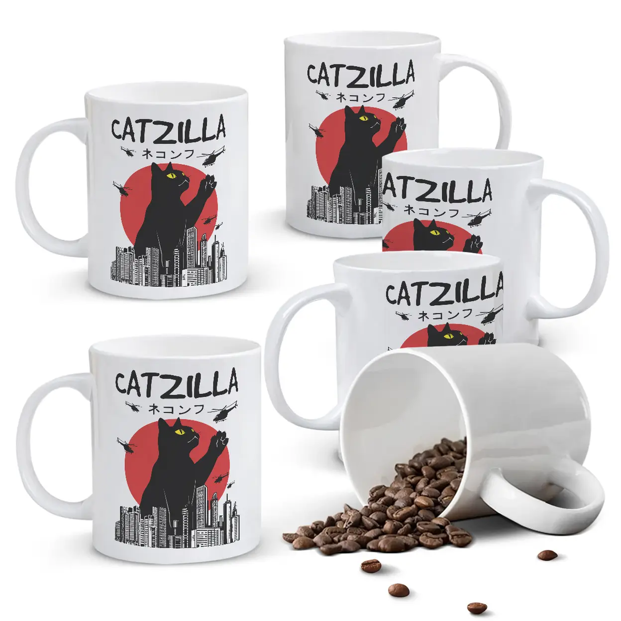 Alphynix 1pc 11oz White Mug with "CATZILLA" Monster Cat Design and Japanese Text, Unique Pop Culture Christmas or Thanksgiving Gift image 0