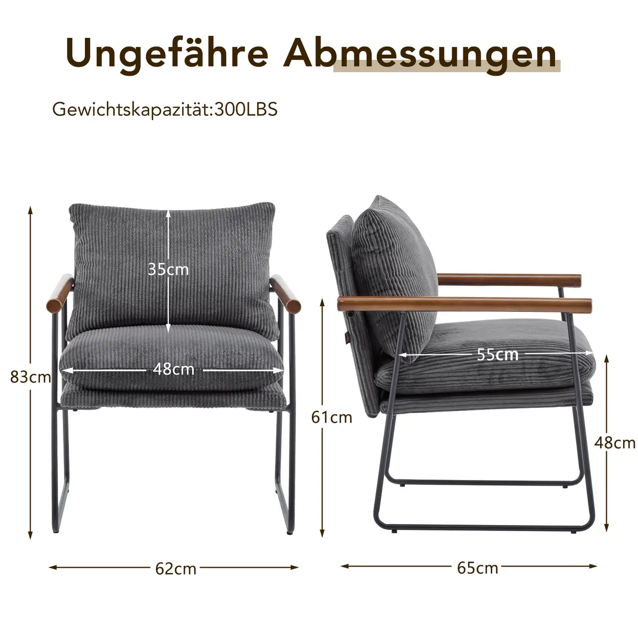 Ckaff Fauteuil à Oreilles XL pour Salon 65 x 62 x 83 cm, Fauteuil Lounge/Relax avec Cadre Métallique, Revêtement en Tissu Bouclé (Velours Côtelé), Gris, 1 Pièce image 0