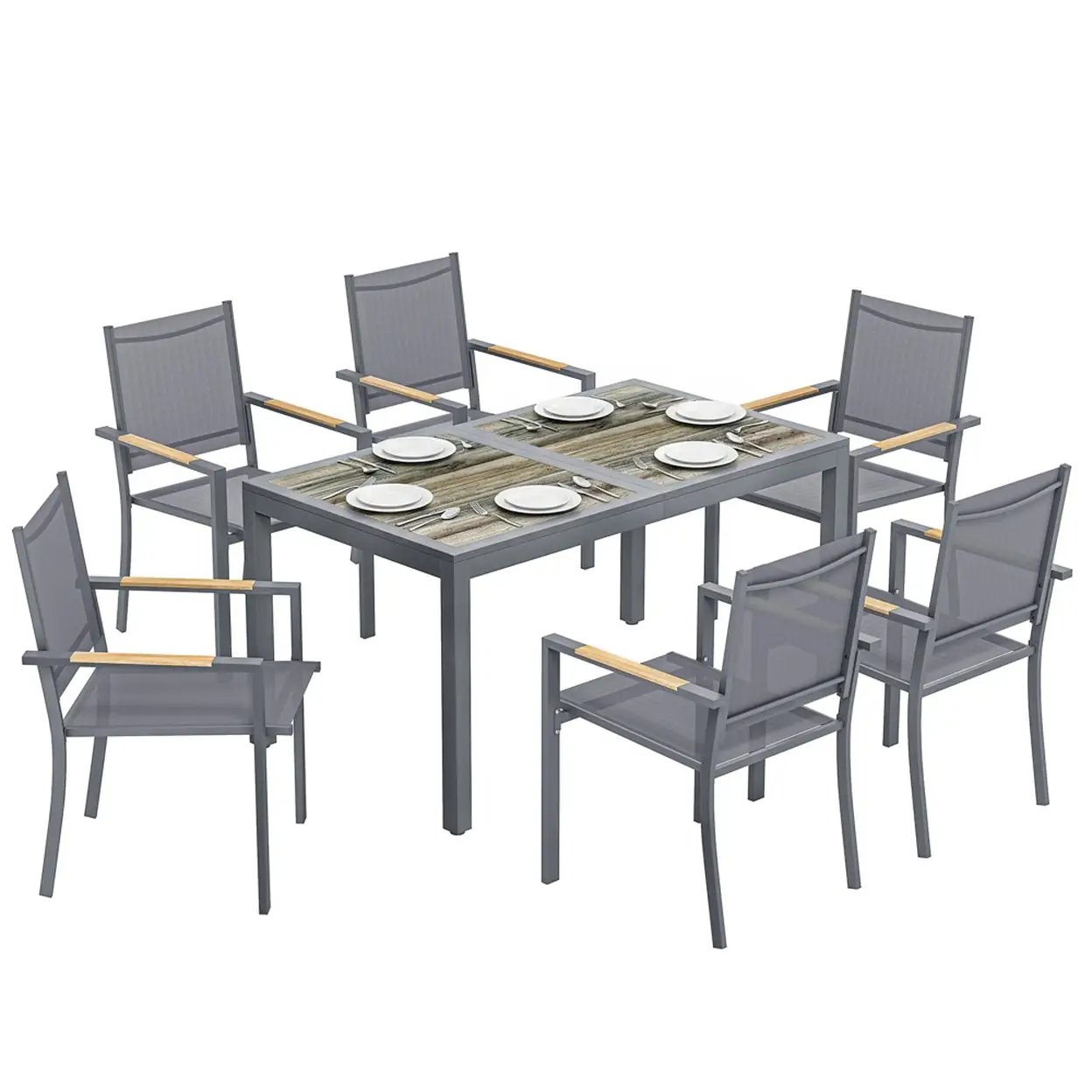 Outsunny Salon de Jardin 7 Pièces - Table Effet Bois Sans Entretien et 6 Chaises Empilables en Textilène - Ensemble Mobilier de Jardin Résistant pour Repas en Terrasse, Gris Anthracite image 0