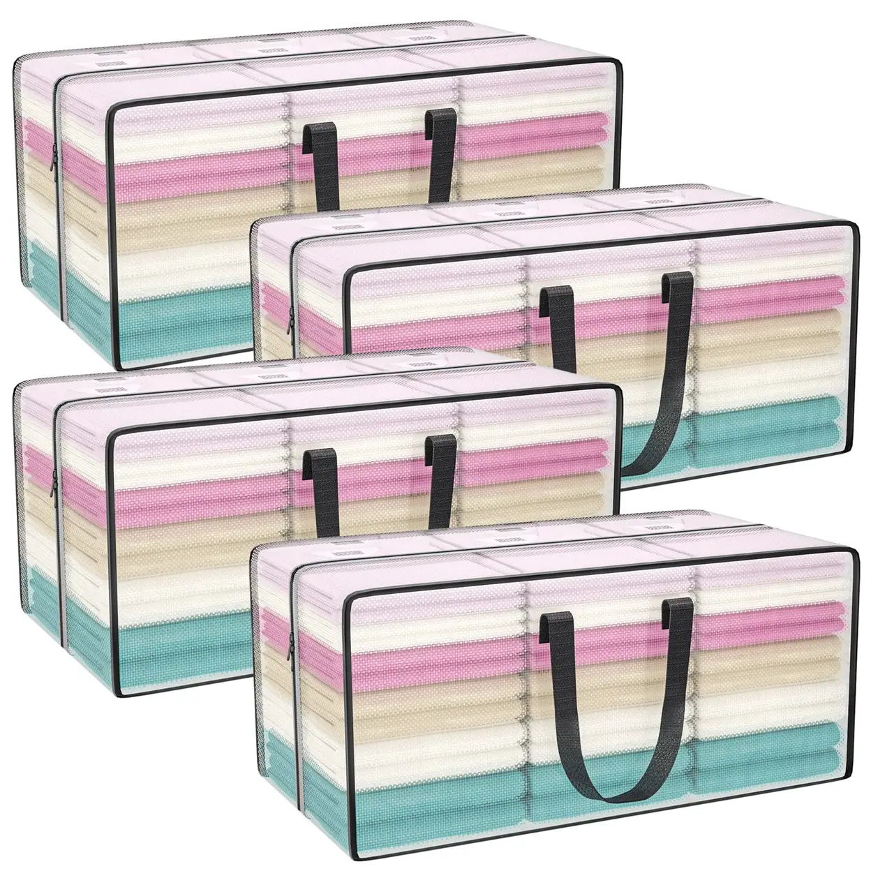 Lot de 4 Grands Sacs de Rangement avec Couvercle, Boîtes de Déménagement Transparentes avec Fermeture Éclair et Poignées pour Vêtements, Linge de Lit, Camping et Déménagement image 0