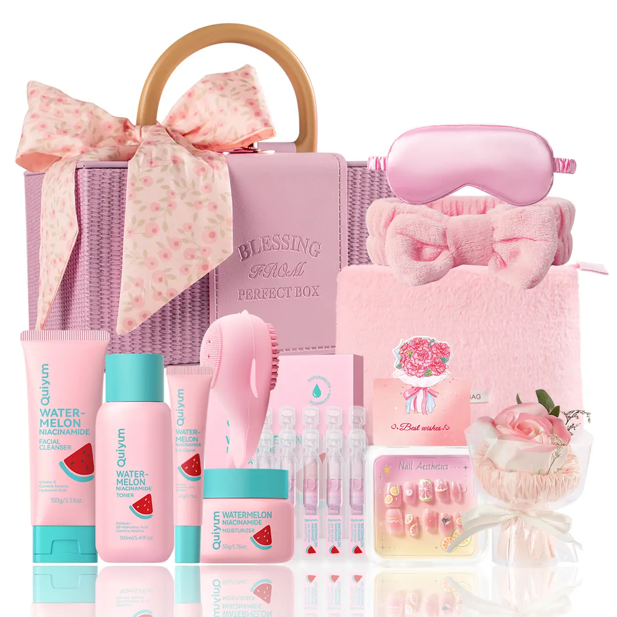 QUIYUM Watermelon Skincare Set (12pcs): Includes Cleanser 100g, Toner 160ml, Serum 2ml×10, Eye Cream 20g, Cream 50g, plus Nail Stickers, Makeup Case, Makeup Bag, Headband, Eye Mask, Soap Flower, and Cleansing Brush. image 0