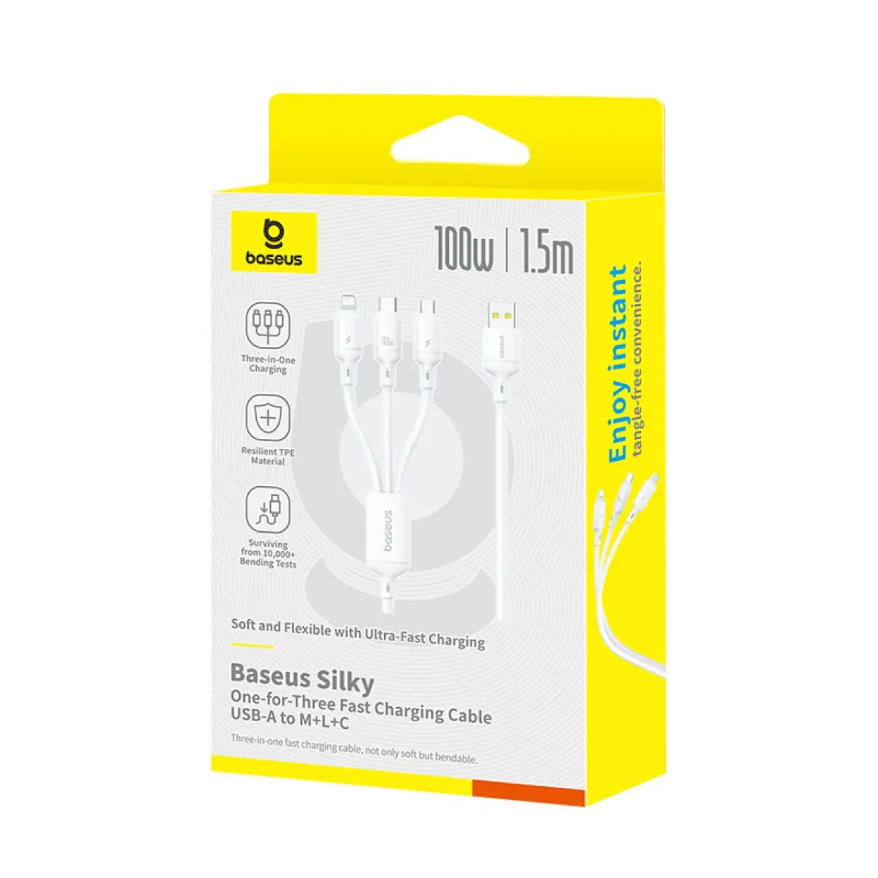 Baseus Silky Câble de charge rapide 3-en-1 USB-A vers M+L+C, 100 W, blanc - 1,5 m image 0