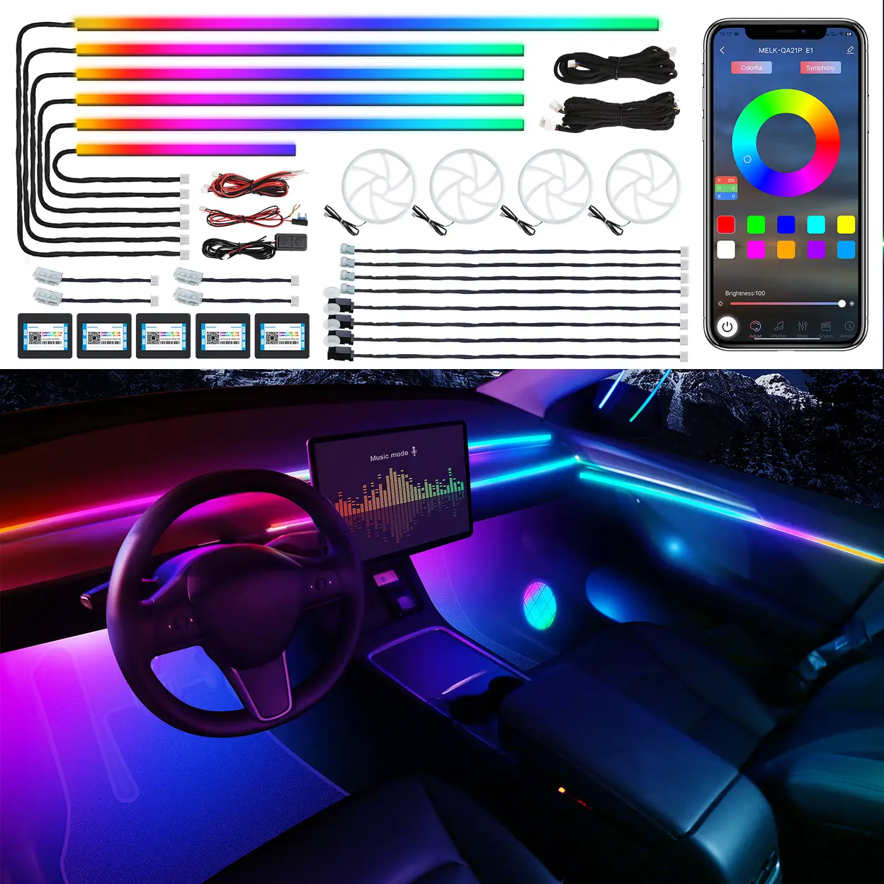 Dreamcolor Acrylic Interior Car LED Strip Light with Wireless APP, RGB 22 in 1 with 175 inches 600 LEDs Fiber Optic Car Ambient Lighting Kits, Dual Zone Sound Active Function LED Strip for Car image 0
