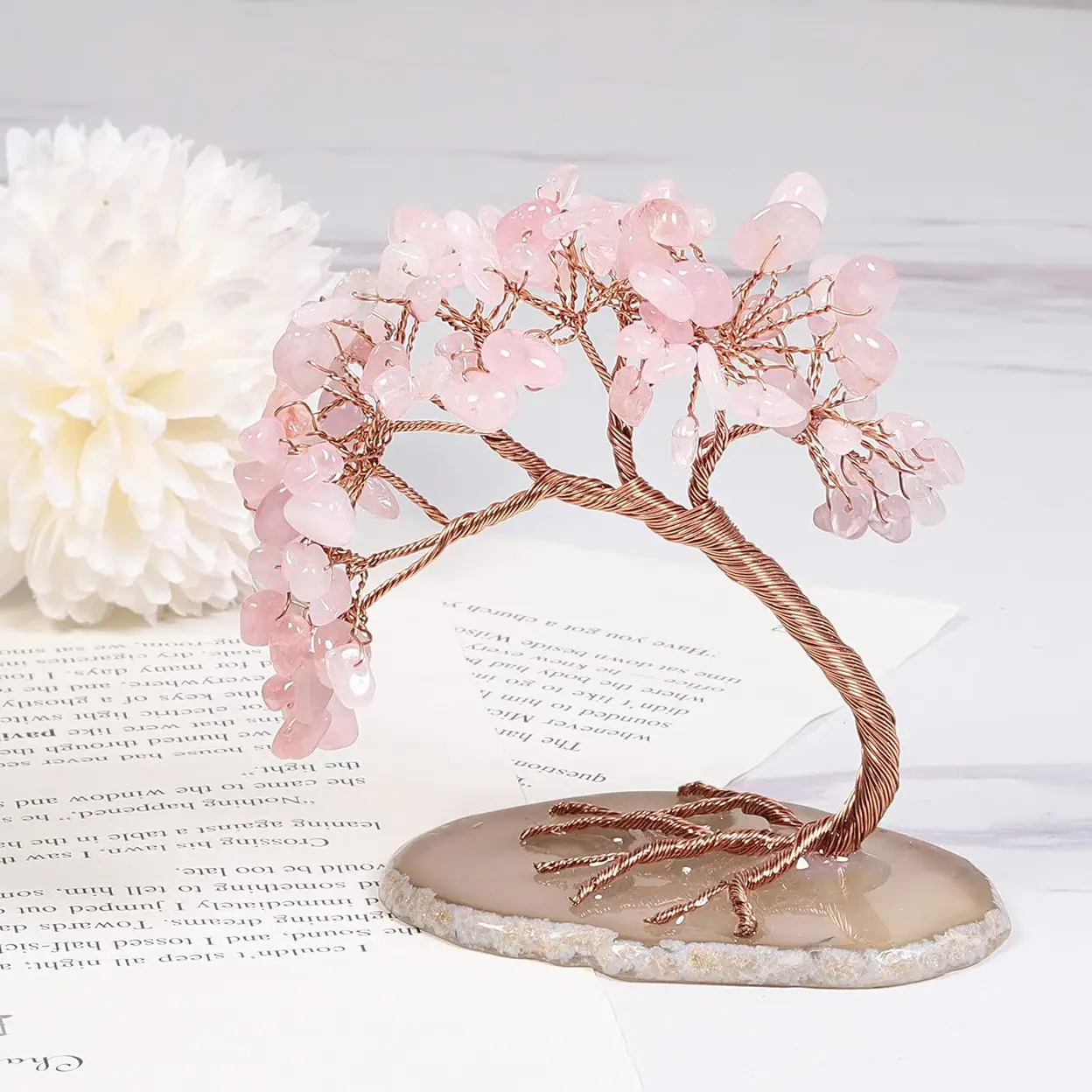 JU7CER Arbre de vie porte-bonheur courbé en cristal naturel rose image 0