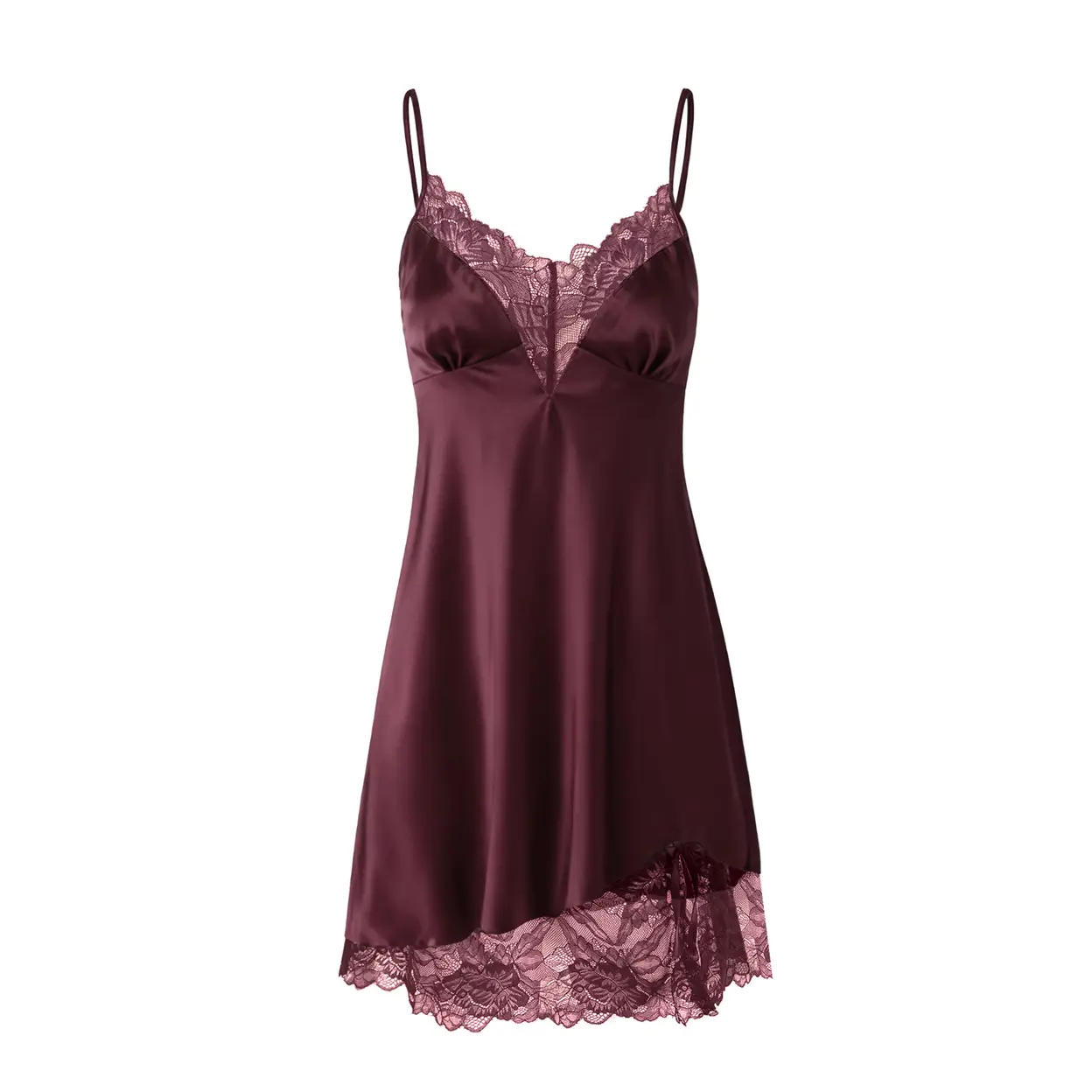 IZURIA wide lace v-neck wine red silk-like suspender dress M image 0
