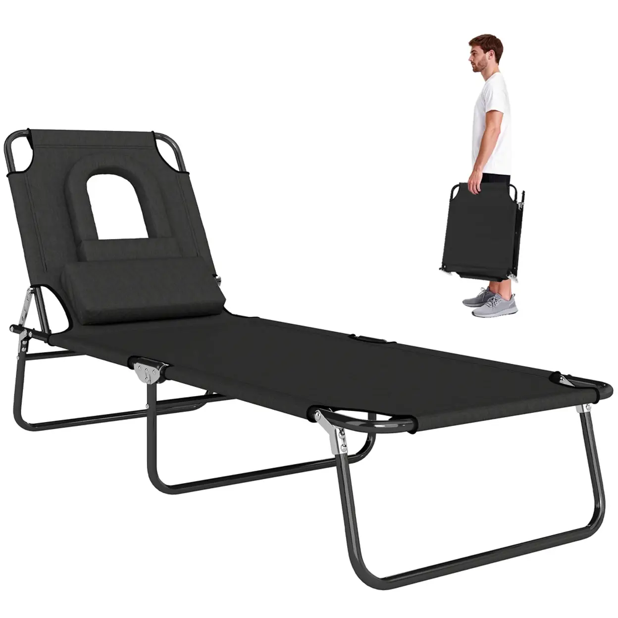 Outsunny Bain de Soleil Pliable transat inclinable 4 Positions Chaise Longue 3 Coussins fournis Noir image 0