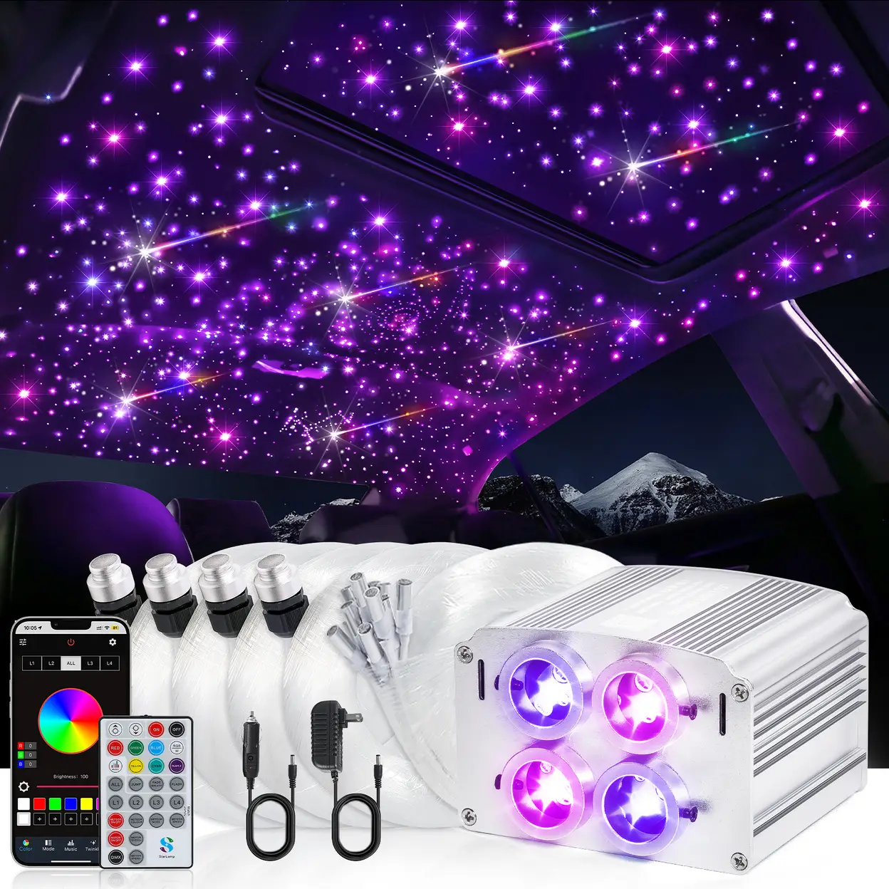 4 Colors 32W Twinkle Car Starlight Headliner Kit 600pcs*0.03in*13.1ft with APP&RF Remote, RGBW Fiber Optic Strands Star Roof Lights,4 Port Engine Sound Activated Ceiling Star Lights for Home/Car Decor image 0