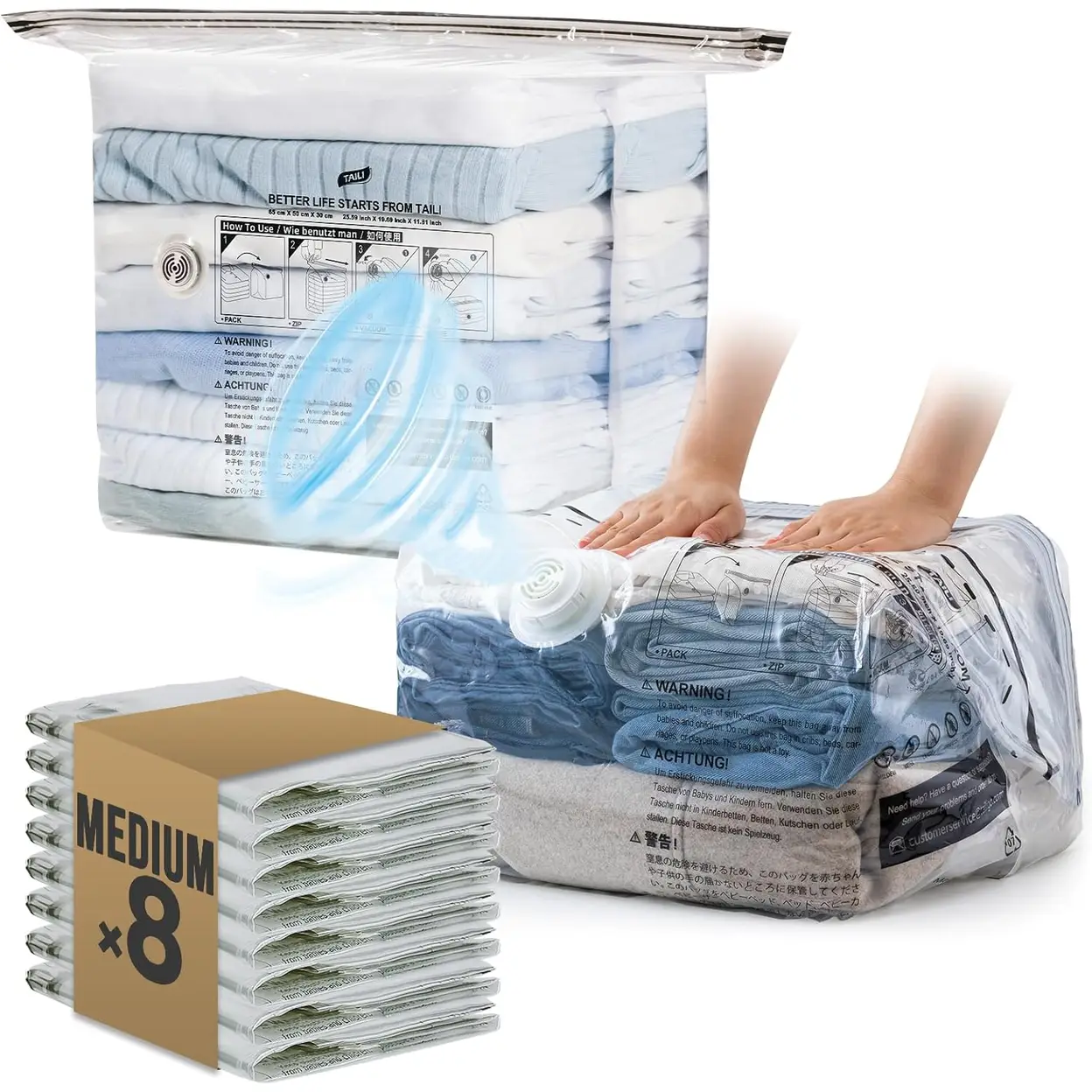 TAILI 8 Pack Cube Vacuum Storage Bags, Medium Size (25x19x11 inch), Vacuum Seal Bags for Clothing, Travel Compression Packing for Clothes, Blankets, Baby Clothes, Travel Accessories image 0