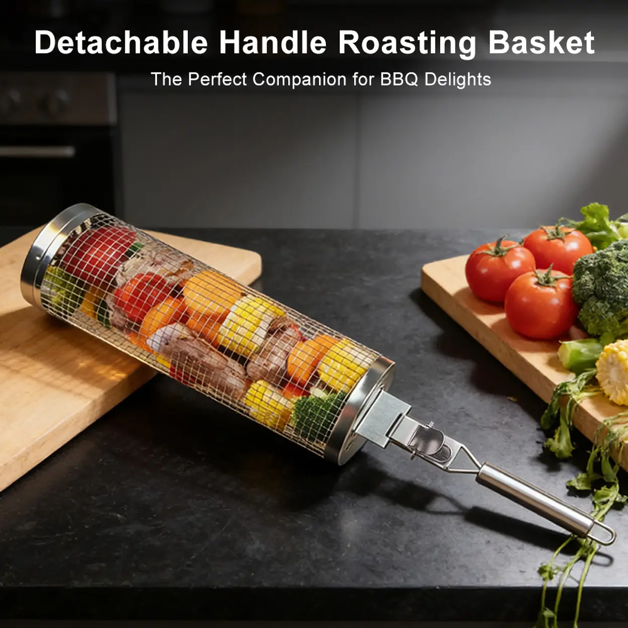 Huacan Circular rolling barbecue cage, detachable stainless steel barbecue net, smoked barbecue tool, outdoor portable 1 piece image 0