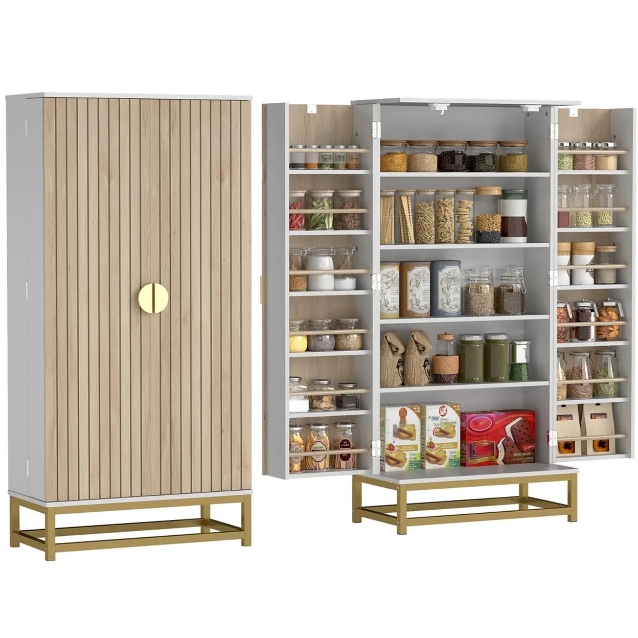HOMCOM Buffet cuisine, meuble cuisine rangement, vaisselier moderne avec 12 étagères à portes, étagères réglables et double porte à lattes, pour salle à manger, salon, 58x29x119,5cm, blanc image 0