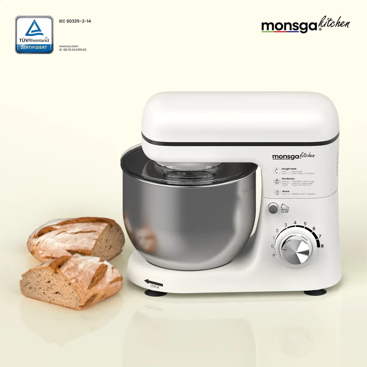 Monsga SM100 Robot Pâtissier 1000W, Blanc Crème, Bol en Acier Inoxydable 6,0L, Silencieux, avec Fouet, Crochet à Pétrir en Téflon Super Antiadhésif (Résistant à 260°C), Batteur & Couvercle Anti-éclaboussures, 8 Vitesses image 0