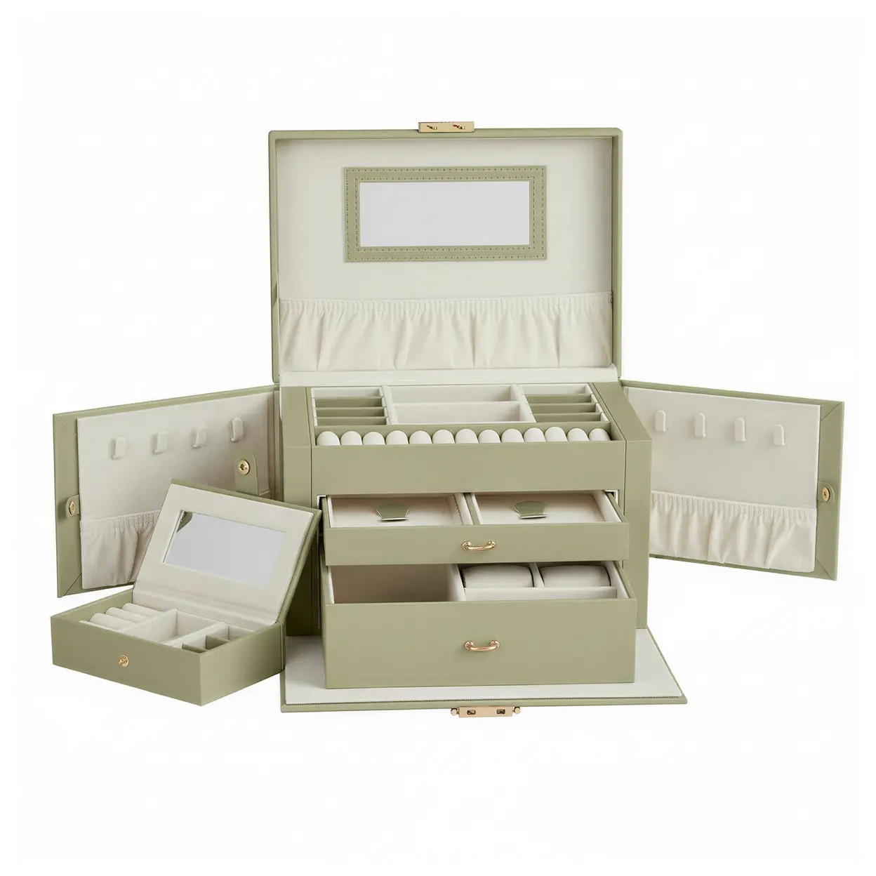 SONGMICSHOME Boîte de rangement pour bijoux à 3 niveaux, organisateur verrouillable avec poignée et 2 tiroirs, cadeau pour femme, usage voyage, vert image 0