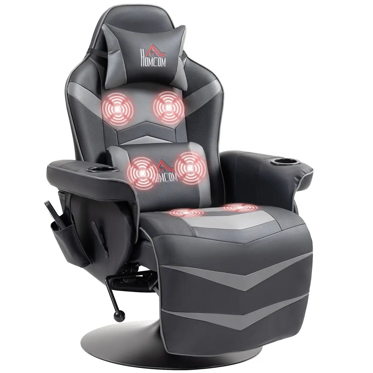HOMCOM Massage Gaming Chair, Swivel Racing Video Gaming Recliner with Retractable Footrest, Headrest, Cup Holders and Side Pockets, Ergonomic High Back PU Leather Executive Desk Chair, Grey image 0