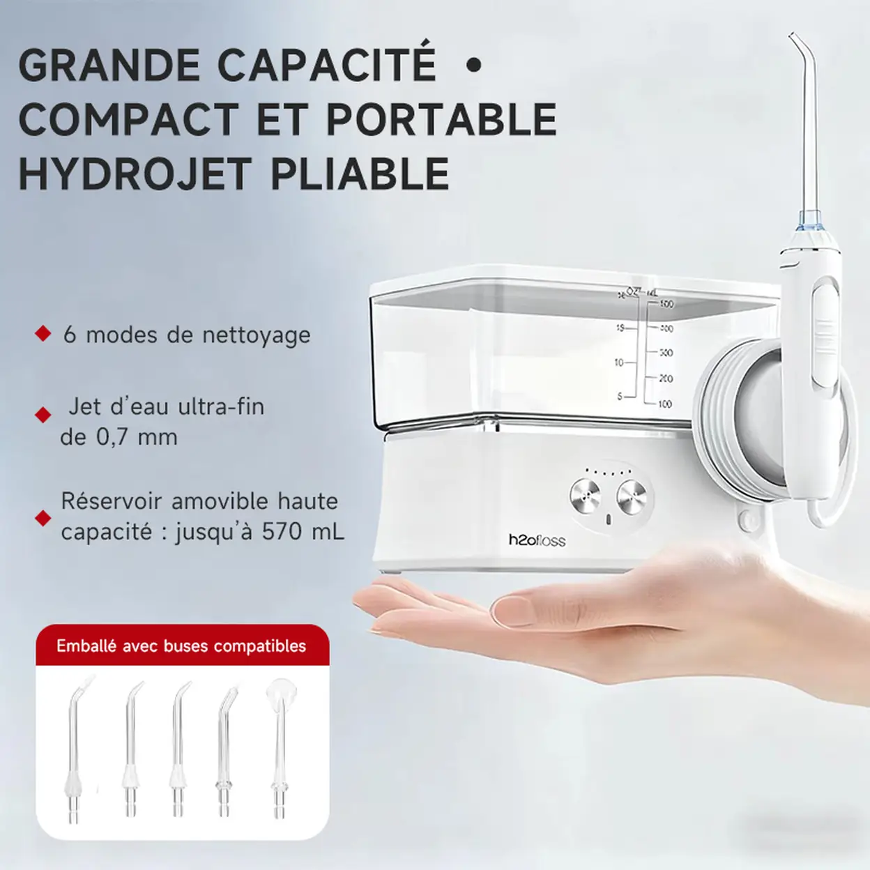 Nettoyeur dentaire portable H2ofloss avec 6 modes, 5 bouchons, batterie 2500mAH, réservoir 570ml, étanchéité IPX7, couleur blanche image 0