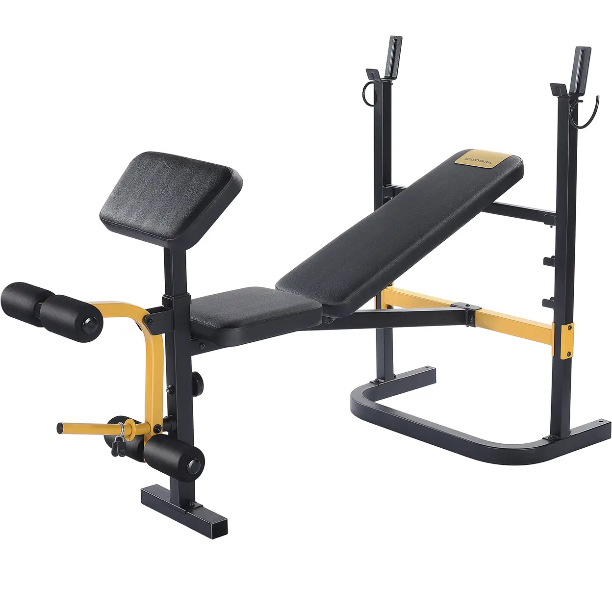 SPORTSOUL Banc d'haltérophilie réglable avec développateur de jambes et rangement pliable, convient aux barres de 6' et 7', équipement de gym pour la maison et le commercial image 0