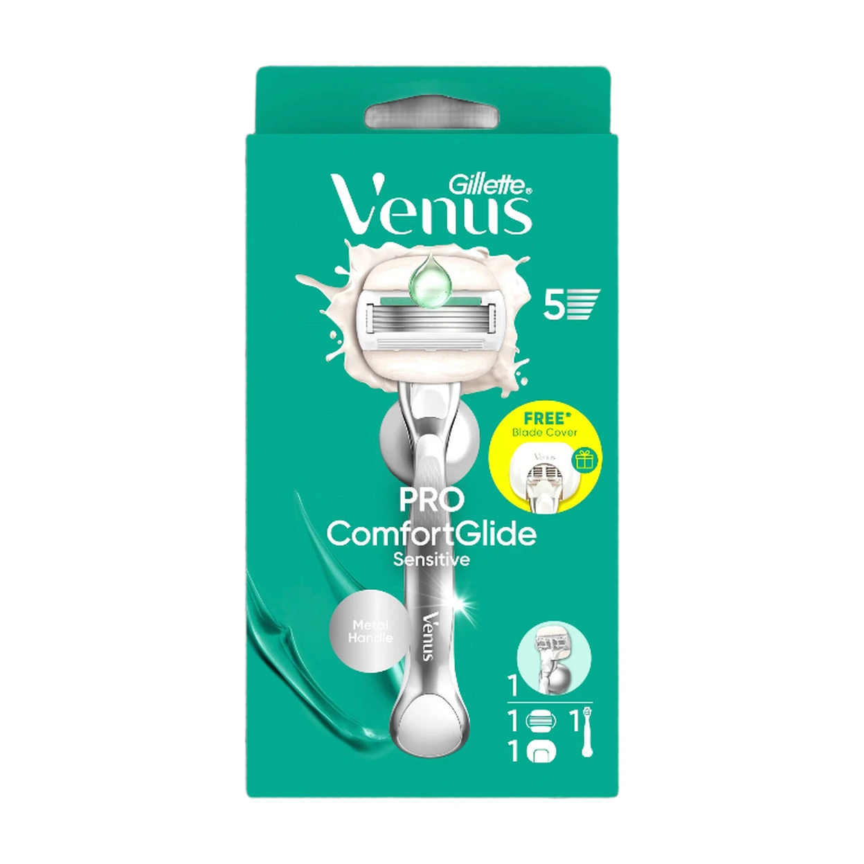 Gillette Venus Pro ComfortGlide rasoir pour femme, peaux sensibles, 1 manche + 1 cartouche de recharge, manche en métal réutilisable et porte-rasoir de douche image 0