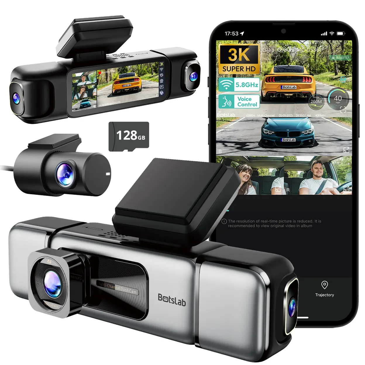 BOTSLAB 3K 4 Channel Dash Cam, 560° All-Sides View, Front and Rear Inside Car Camera with 3.18”Touch Screen, Dash Camera 24/7 Parking Mode, Built-in GPS 5.8GHz WiFi Voice Control image 0