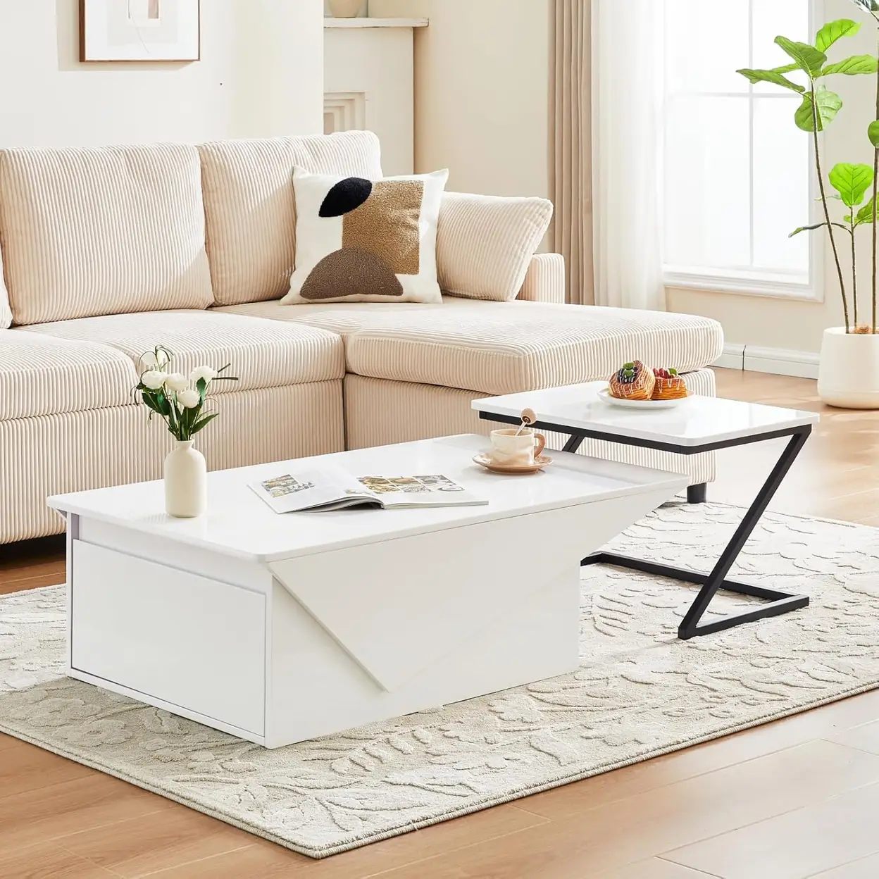 CLIPOP White High Gloss Coffee Tables for Living Room Set of 2 with Storage Drawer, Modern Rectangle Tea Tables, Centre Table image 0