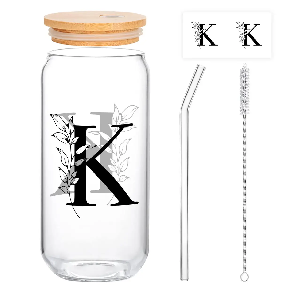 Alphynix 1pc Modern Glass Cup, 500ml Tall Iced Coffee Glass with Monogram "K" Design, Bamboo Lid & Straw, Cold Drink Tumbler for Iced Tea, Juice, Boba image 0