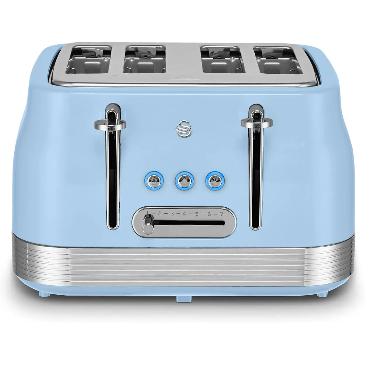 Swan Retro Revive 4 Slice Toaster, Vintage, Cord Storage, Variable Width Slots, 1860W, Coated Stainless Steel, Blue and Chrome Accents - ST19029BLU image 0