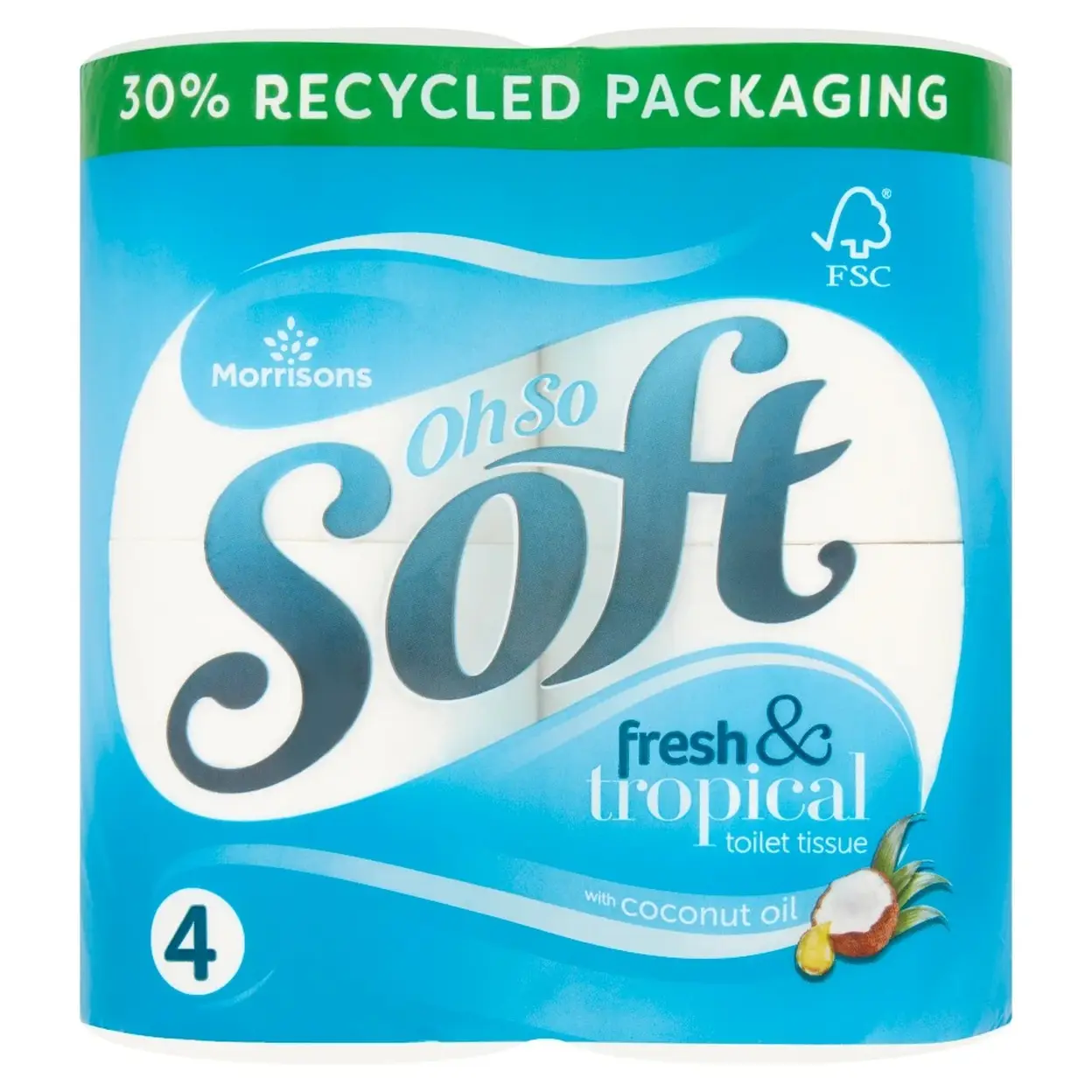 Morrisons Oh So Soft Fresh & Tropical Toilet Tissue, 3-Ply, 4 Rolls image 0