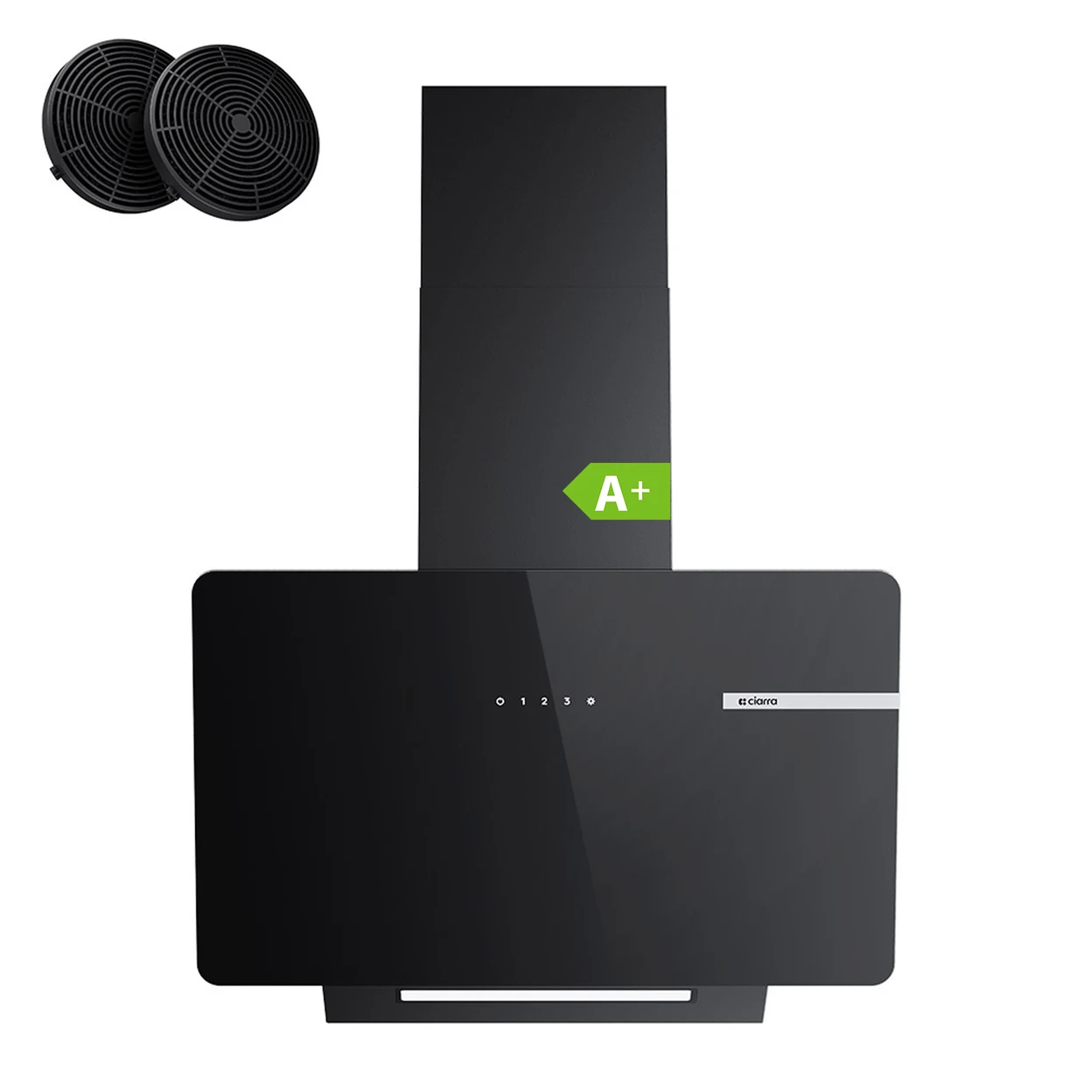 Ciarra 60 cm Wall-Mounted Kitchen Extractor, Black Glass Panel, LED Lighting, Dual Airflow System image 0