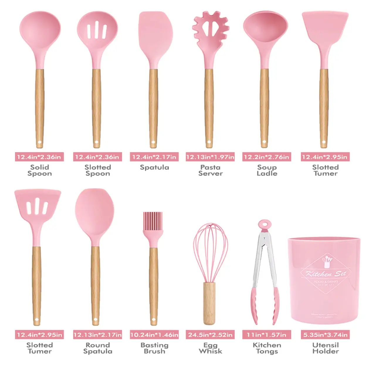 MEOKY Ensemble de 12 ustensiles de cuisine en silicone avec petit porte-objets - Rose image 0